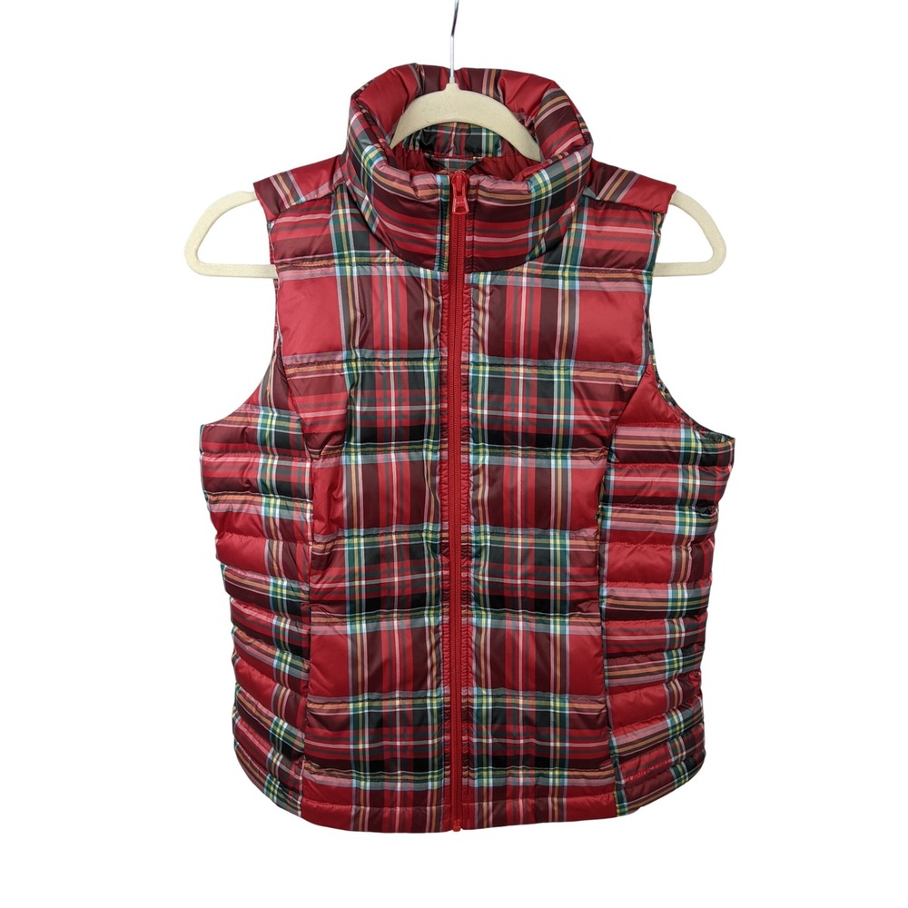 Lands End Womens Red Plaid Down Puffer Vest XS 2-4 Quilted Zip Up Stand Collar